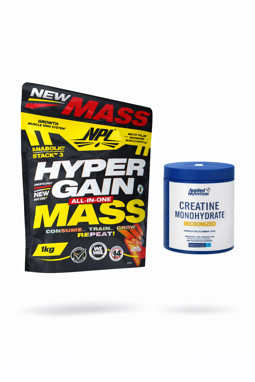 NPL Hyper Gain All-in-One Mass Gainer 1kg + Applied Nutrition Creatine Monohydrate | Muscle Mass & Strength Combo | Weight Gain & Performance Support