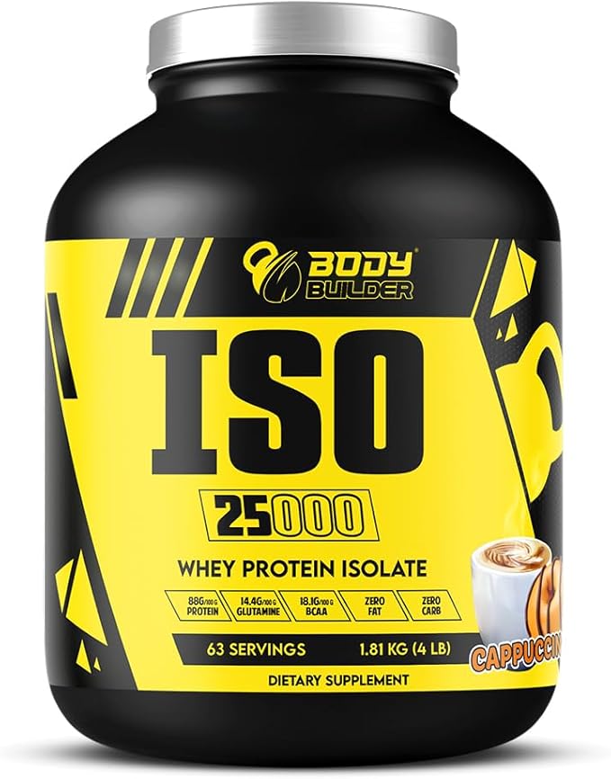 Body Builder ISO 25000 Isolate Whey Protein Powder (4LB) - 88% OF PROTEIN - Zero Sugar, Carb & Fat - With 18% BCAAs & 14% Glutamine - (Cappuccino, 4 LB)