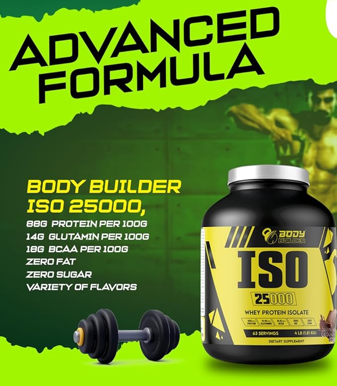 Body Builder ISO 25000 Isolate Whey Protein Powder (4LB) - 88% OF PROTEIN - Zero Sugar, Carb & Fat - With 18% BCAAs & 14% Glutamine - (Cappuccino, 4 LB)