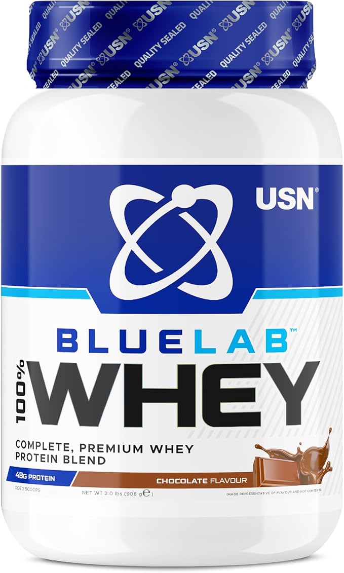 USN Blue Lab Whey Chocolate 908g – Premium Whey Protein Powder with Whey Isolate, Hydrolysate & Concentrate | 24g Protein with Added BCAAs | Post-Workout Muscle Recovery & Strength Support