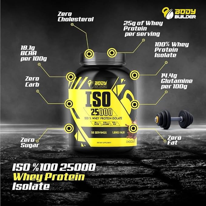 Body Builder ISO 25000 Isolate Whey Protein Powder (4LB) - 88% OF PROTEIN - Zero Sugar, Carb & Fat - With 18% BCAAs & 14% Glutamine - (Cappuccino, 4 LB)