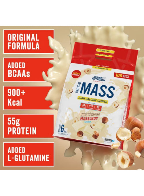Applied Nutrition Critical Mass High Calorie Weight Gainer Powder 6kg White Chocolate Hazelnut | Original Formula | Protein & Carbohydrate Blend | Mass Gainer Supplement