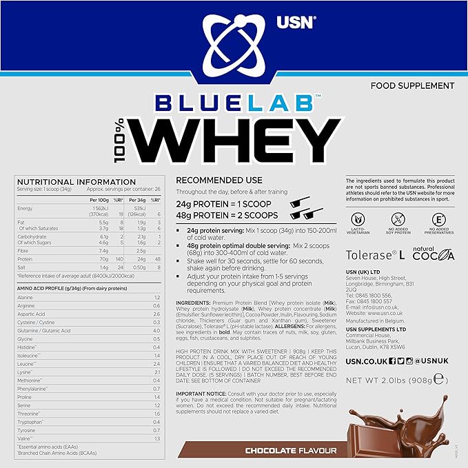 USN Blue Lab Whey Chocolate 908g – Premium Whey Protein Powder with Whey Isolate, Hydrolysate & Concentrate | 24g Protein with Added BCAAs | Post-Workout Muscle Recovery & Strength Support