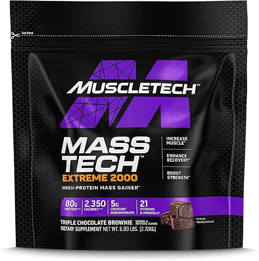 MuscleTech Mass-Tech Extreme Mass Gainer Protein Powder, Triple Chocolate Brownie, 6 lb – High-Calorie Weight Gainer for Muscle Mass, Strength & Size