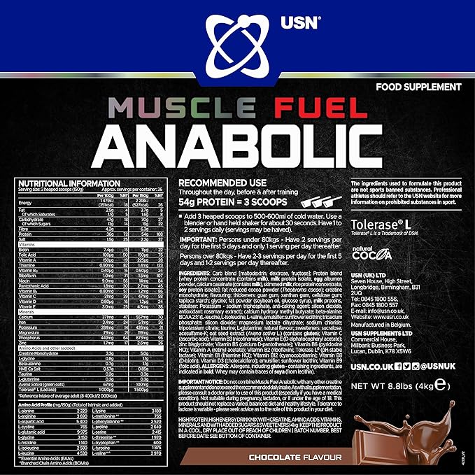 USN Muscle Fuel Anabolic Chocolate All-in-one Protein Powder Shake (2kg): Workout-Boosting, Anabolic Protein Powder for Muscle Gain - New Improved Formula