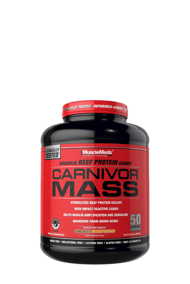 مكمل غذائي لزيادة الوزن من MuscleMeds Carnivor Mass بنكهة لحم البقر، بنكهة زبدة الفول السوداني والشوكولاتة، وزن 6 أرطال 