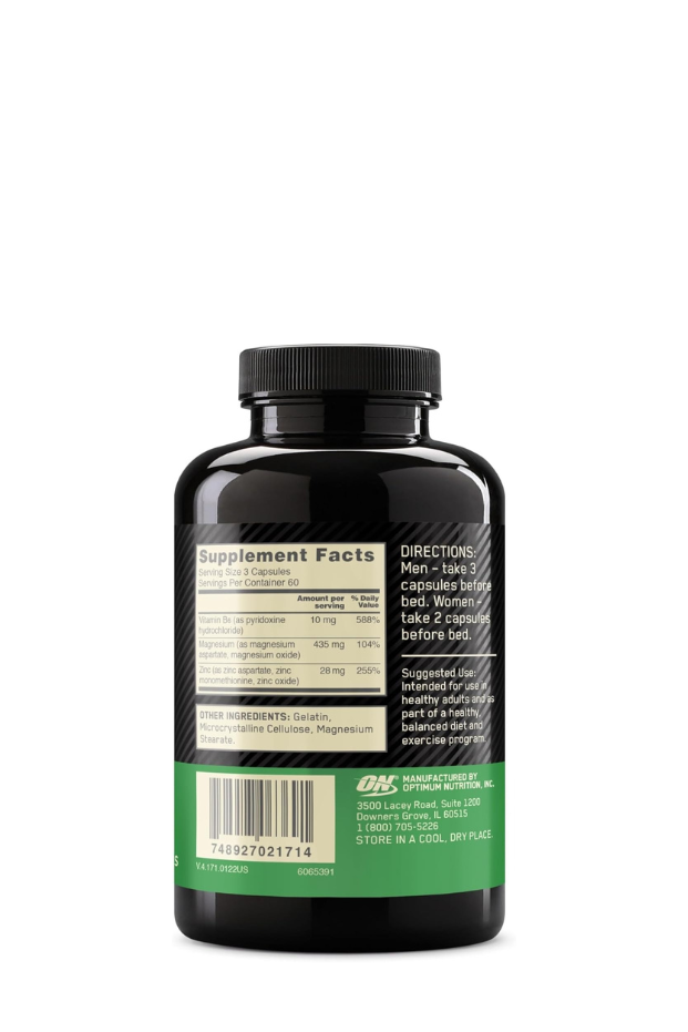 مكمل غذائي أوبتيموم نيوتريشن (ON) ZMA الزنك لدعم المناعة، وتعافي العضلات، وزيادة القدرة على التحمل للرجال والنساء، مكمل الزنك والمغنيسيوم - 180 كبسولة 