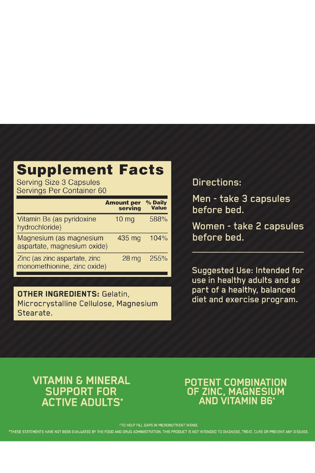 مكمل غذائي أوبتيموم نيوتريشن (ON) ZMA الزنك لدعم المناعة، وتعافي العضلات، وزيادة القدرة على التحمل للرجال والنساء، مكمل الزنك والمغنيسيوم - 180 كبسولة 