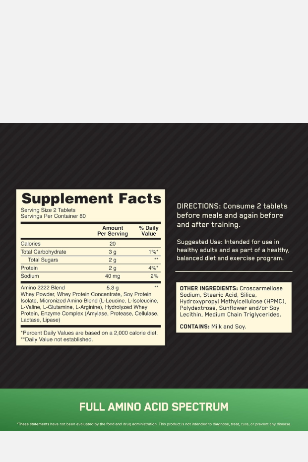 أقراص أوبتيموم نيوتريشن (ON) سوبريور أمينو 2222، أحماض أمينية أساسية كاملة، للحفاظ على أنسجة العضلات - 160 قرصًا 