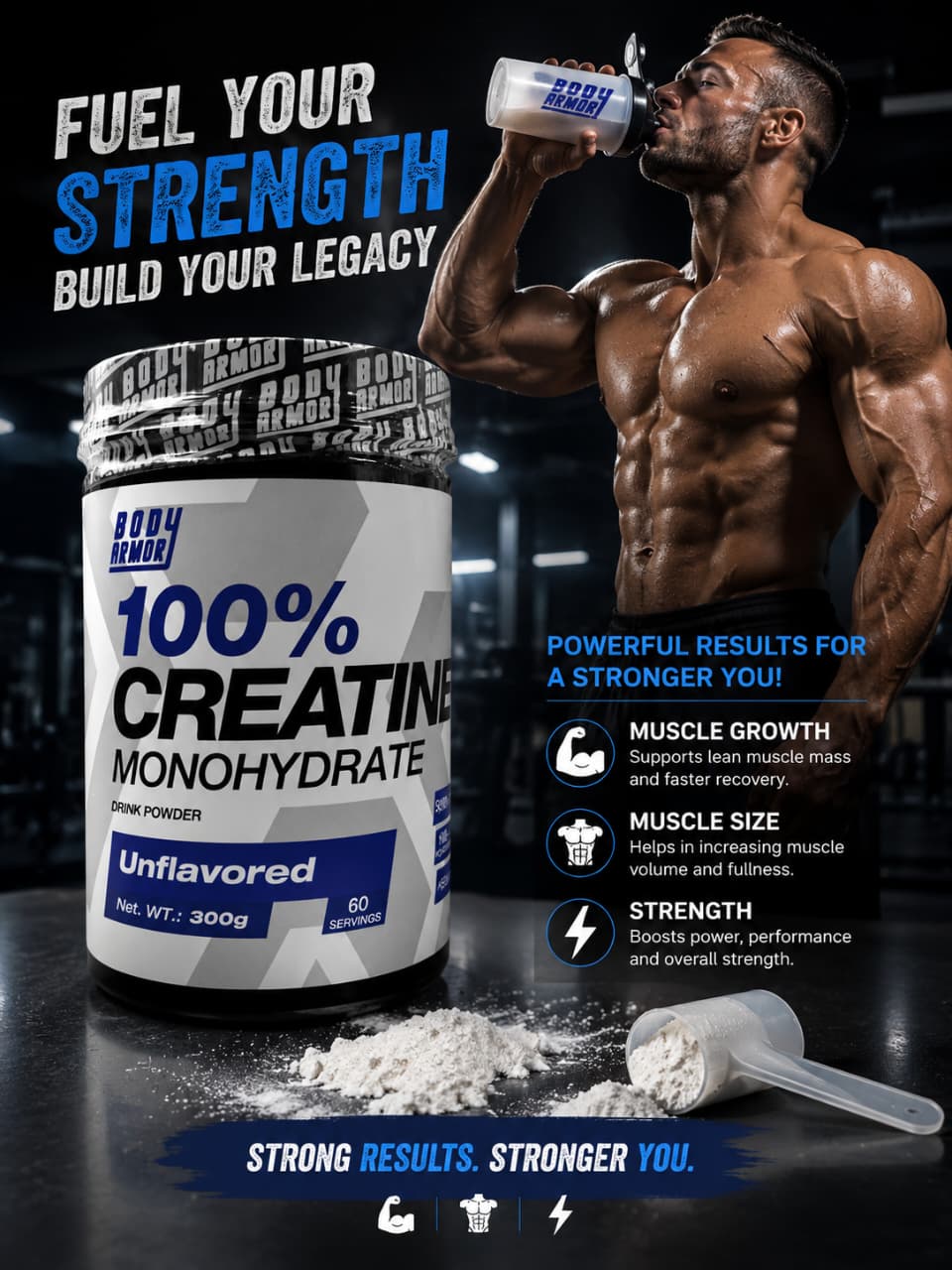 Body Armor Creatine Monohydrate 300g – Unflavored | 60 Servings | Supports Strength, Performance & Energy | Vegan-Friendly Creatine Powder