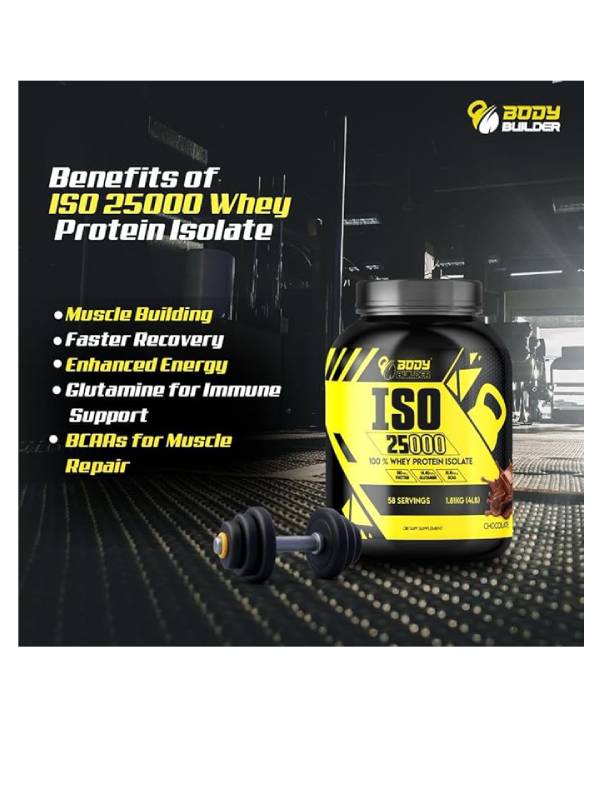 Body Builder ISO 25000 Isolate Whey Protein Powder (4LB) - 88% OF PROTEIN - Zero Sugar, Carb & Fat - With 18% BCAAs & 14% Glutamine - (Cappuccino, 4 LB)
