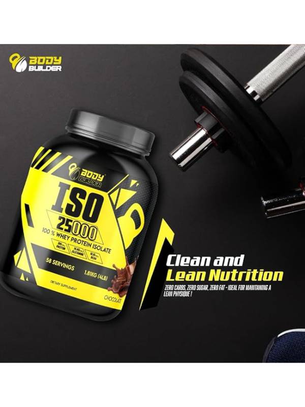 Body Builder ISO 25000 Isolate Whey Protein Powder (4LB) - 88% OF PROTEIN - Zero Sugar, Carb & Fat - With 18% BCAAs & 14% Glutamine - (Cappuccino, 4 LB)