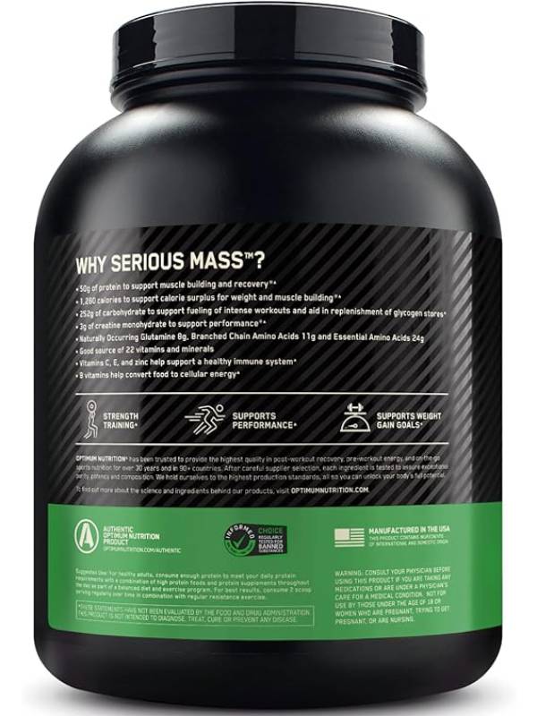 Optimum Nutrition (ON) Serious Mass: High Protein Muscle Building & Weight Gainer Protein Powder, 50 Grams of Protein, Vitamin C, Zinc And Vitamin D For Immune Support - Chocolate, 6 Lbs (2.72 KG)