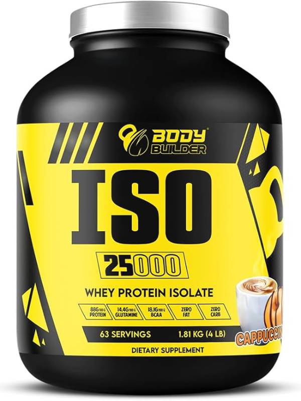 Body Builder ISO 25000 Isolate Whey Protein Powder (4LB) - 88% OF PROTEIN - Zero Sugar, Carb & Fat - With 18% BCAAs & 14% Glutamine - (Cappuccino, 4 LB)