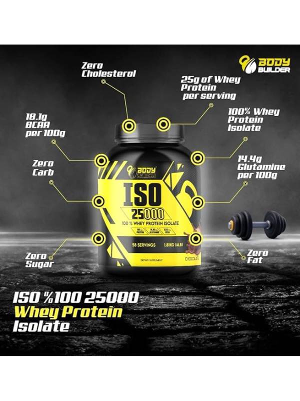 Body Builder ISO 25000 Isolate Whey Protein Powder (4LB) - 88% OF PROTEIN - Zero Sugar, Carb & Fat - With 18% BCAAs & 14% Glutamine - (Cappuccino, 4 LB)