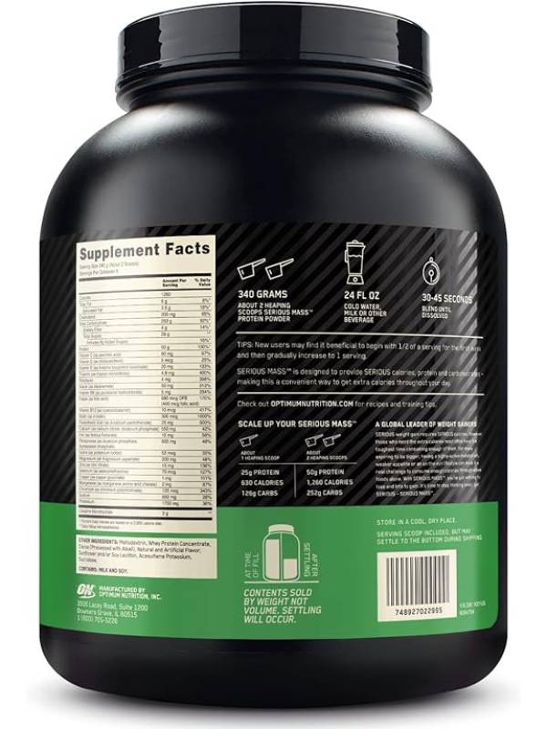 Optimum Nutrition (ON) Serious Mass: High Protein Muscle Building & Weight Gainer Protein Powder, 50 Grams of Protein, Vitamin C, Zinc And Vitamin D For Immune Support - Chocolate, 6 Lbs (2.72 KG)