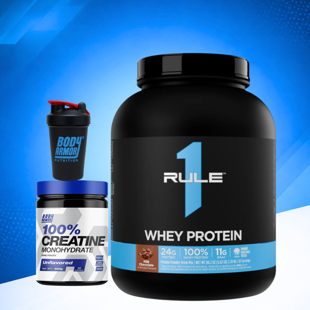 Rule 1 Whey Protein + Creatine Monohydrate Bundle + Shaker | High Protein Gym Supplement Combo