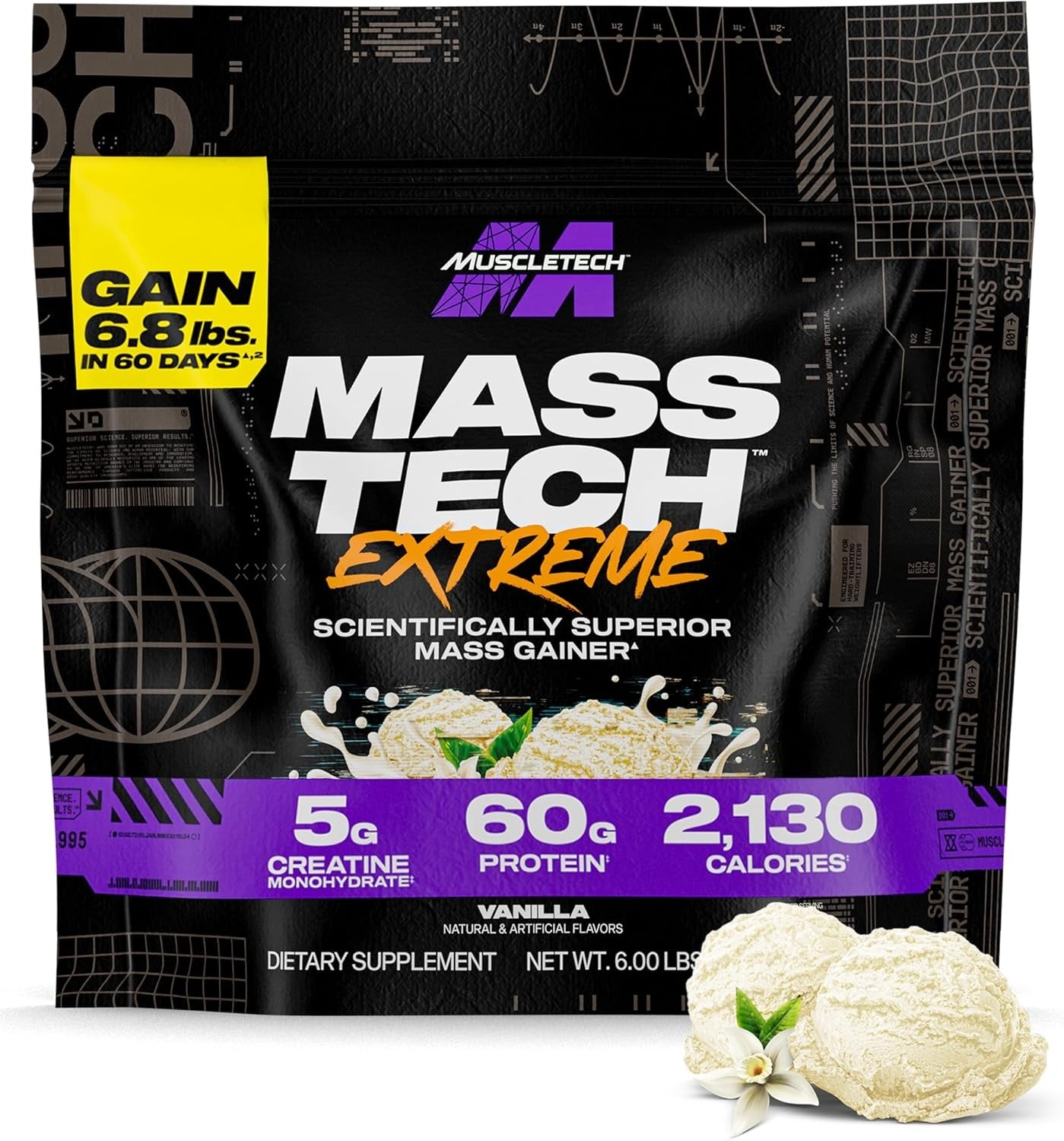 MuscleTech Mass Tech Extreme 2000 Ultimate، مكمل غذائي لبناء العضلات بنسبة 100%، بروتين مصل اللبن لزيادة الكتلة العضلية، يحتوي على 80 غرام من البروتين، 10 غرام من الكرياتين، و20 غرام من الفيتامينات والمعادن، للرجال والنساء، بنكهة الفانيليا، وزن 6.00 رطل. 