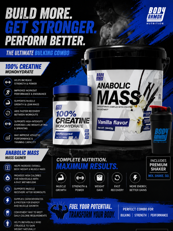 Body Armor Anabolic Mass Gainer Vanilla 5.44kg + Creatine Monohydrate 300g + Shaker | High Calorie Weight Gainer for Bulking & Muscle Growth