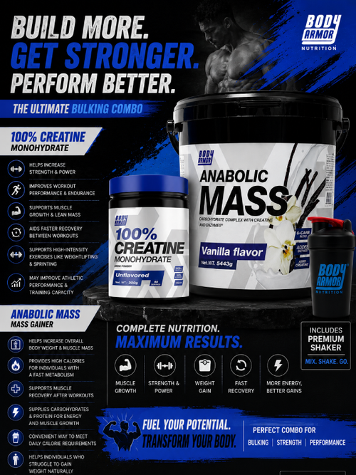 Body Armor Anabolic Mass Gainer Vanilla 5.44kg + Creatine Monohydrate 300g + Shaker | High Calorie Weight Gainer for Bulking & Muscle Growth