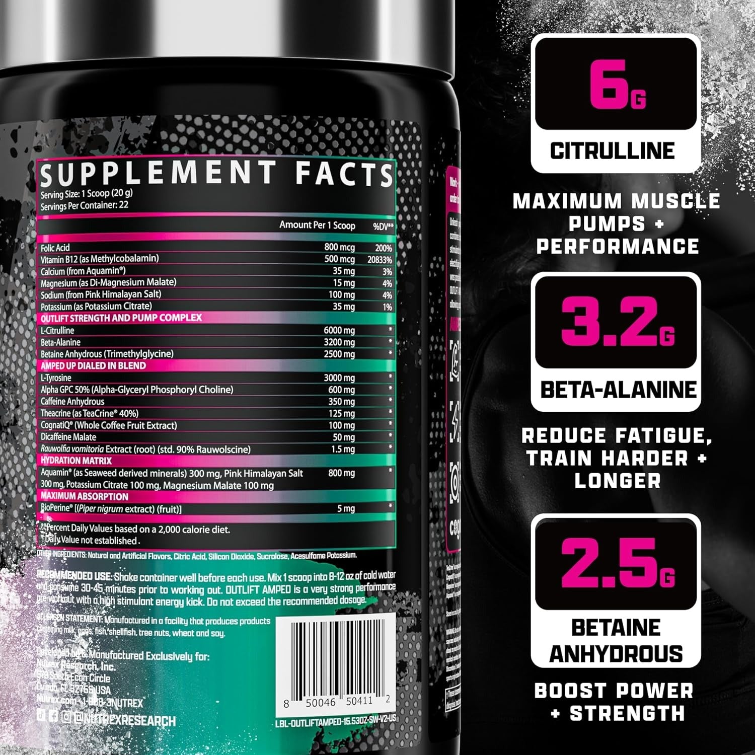 Nutrex Research Outlift Amped, (Strawberry Watermelon, 22 Servings) - Explosive Energy Boost, Unmatched Muscle Pumps, Enhanced Mental Focus, High-Stim Pre-Workout Formula, Caffeine, Electrolytes.