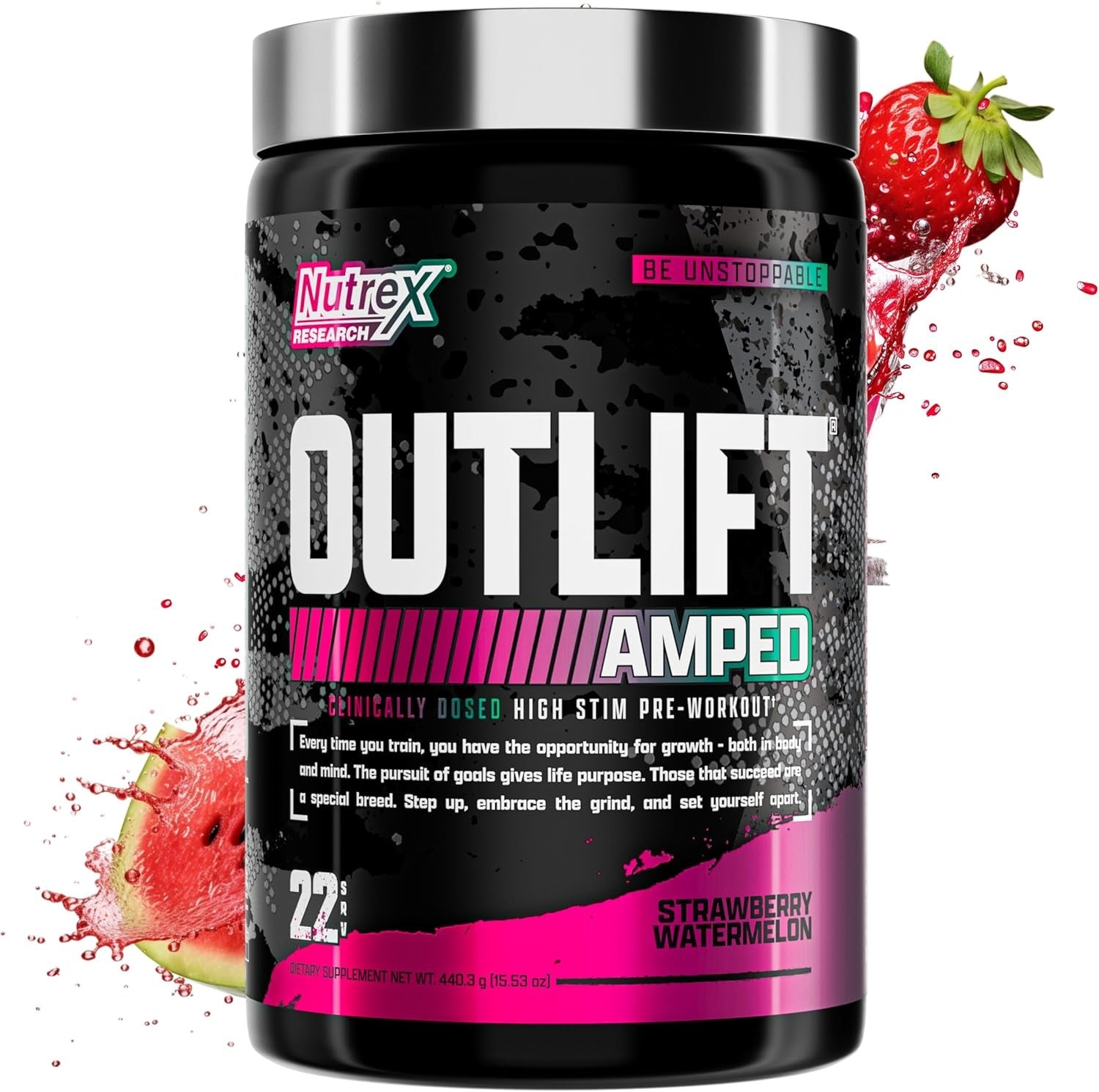 Nutrex Research Outlift Amped, (Strawberry Watermelon, 22 Servings) - Explosive Energy Boost, Unmatched Muscle Pumps, Enhanced Mental Focus, High-Stim Pre-Workout Formula, Caffeine, Electrolytes.