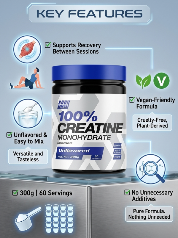 Body Armor Creatine Monohydrate 300g – Unflavored | 60 Servings | Supports Strength, Performance & Energy | Vegan-Friendly Creatine Powder