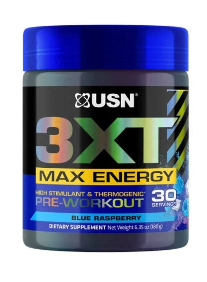 3XT Max Energy High Stimulant Thermogenic Pre-Workout Powder – Blue Raspberry Flavour | 400mg Caffeine, TeaCrine® & Yohimbe | Energy, Focus, Strength & Endurance Support | 30 Servings | 180g