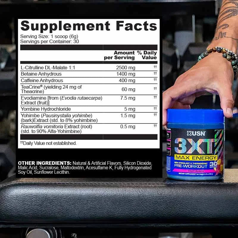 3XT Max Energy High Stimulant Thermogenic Pre-Workout Powder – Blue Raspberry Flavour | 400mg Caffeine, TeaCrine® & Yohimbe | Energy, Focus, Strength & Endurance Support | 30 Servings | 180g